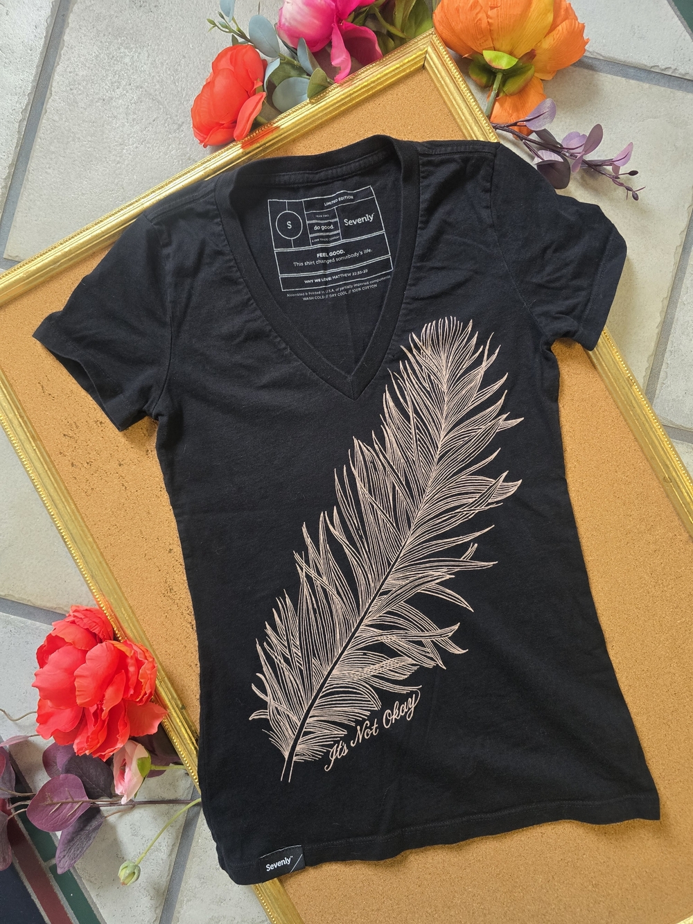 Sevenly Black V-Neck Tee with Blush Feather Print